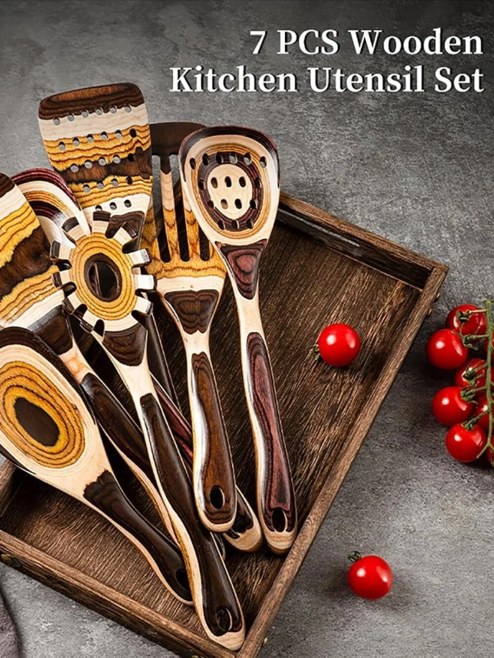 7-Piece Brown Pakkawood Utensils Set – Sturdy, Eco-Friendly, Wooden Spoons NEW